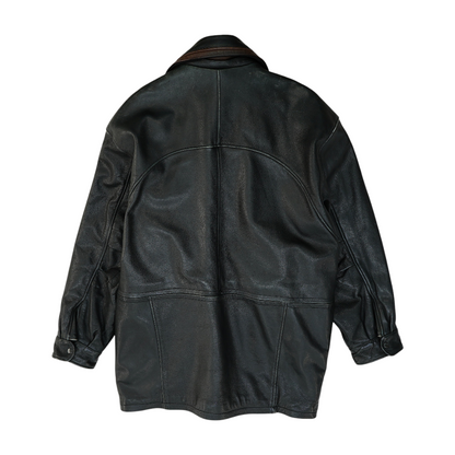 Black Solid Leather Coat
