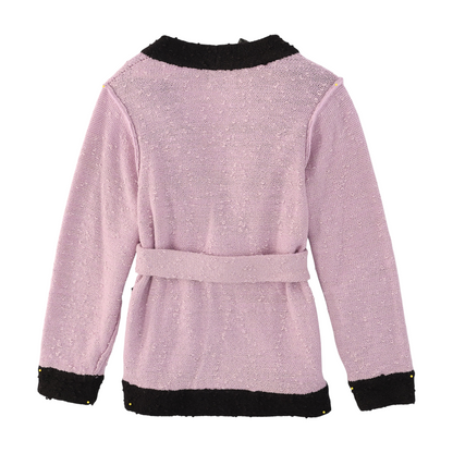 Purple Belted Wool Colorblock Knitted Cardigan