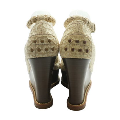 White and Brown Python Leather Platform Wedges