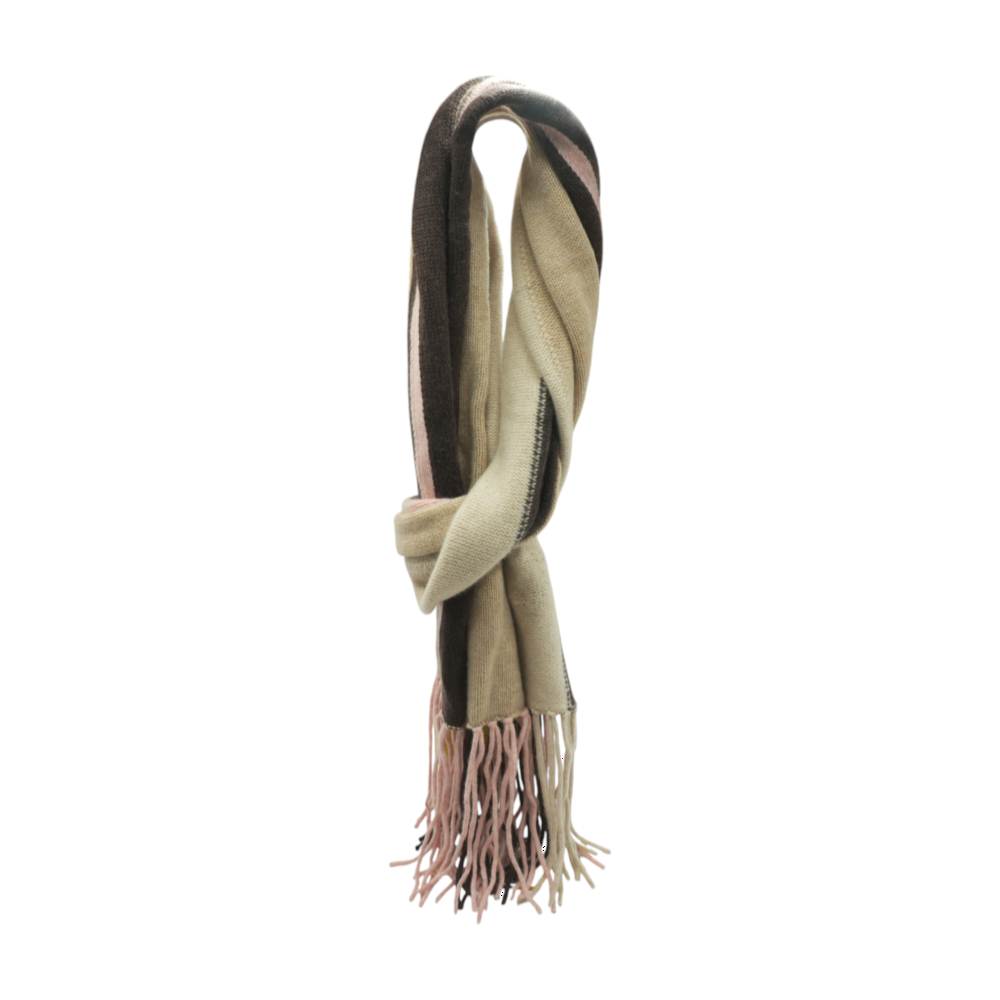 Beige Striped 100% Cashmere Scarf