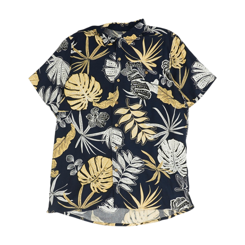 Navy Tropical Short Sleeve Button Down