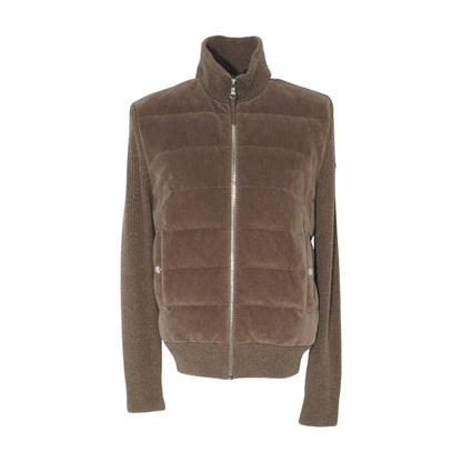 Brown Mixed Media Zip-Front Tricot Cardigan Jacket