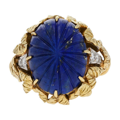 18K Gold Carved Lapis In Leaf Setting With Diamond Accents Cocktail Ring