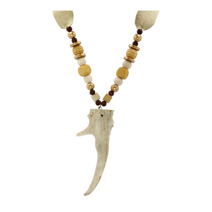 Gold Tone Leather Band With Antler And Beads Statement Necklace