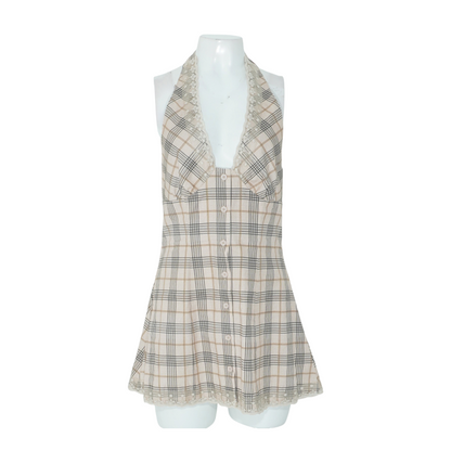Beige Plaid Mini Dress