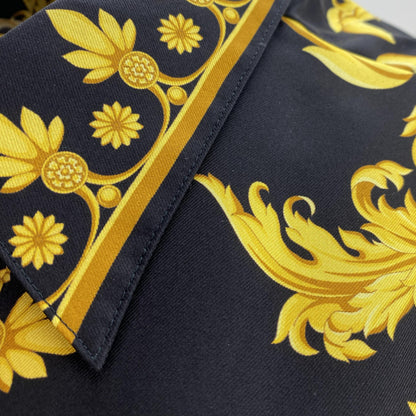 Black Baroque Printed Silk Long Sleeve Button Down