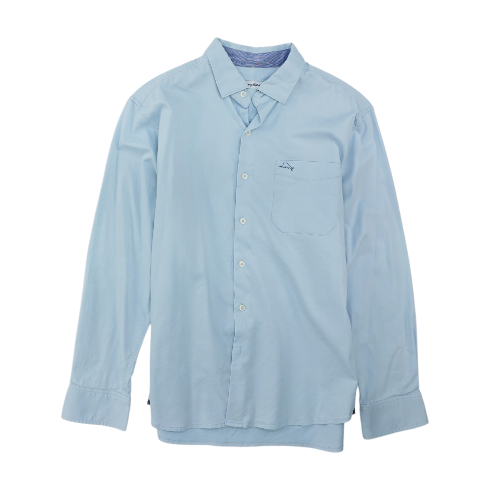 Blue Solid Long Sleeve Button Down