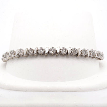 14K White Gold S Link Round Diamond Cluster Tennis Bracelet