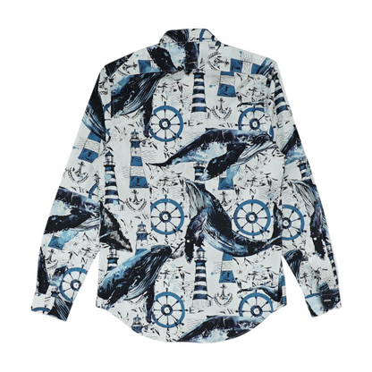 White Print Long Sleeve Button Down
