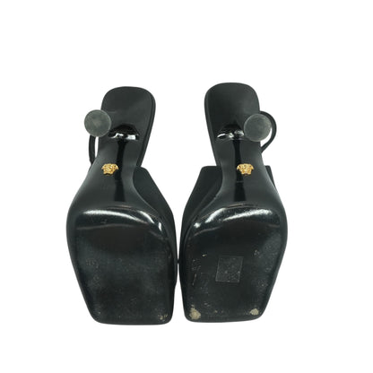 Medusa Plaque Satin Open Toe Slingback Sandals