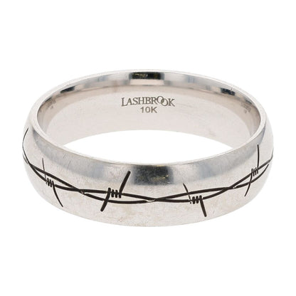 10K White Gold Barbed Wire Design On Plain Band