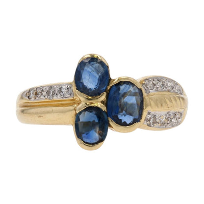14K Gold Oval Blue Center Stones With Diamond Accents Cocktail Ring