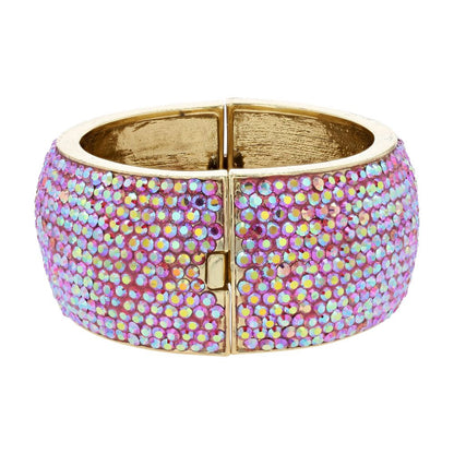 Gold Tone With Pink And Iridescent Rhinestones Bangle Bracelet