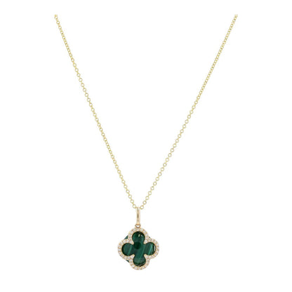 14K Gold Diamond Accented Clover With Malachite Center Pendant Necklace