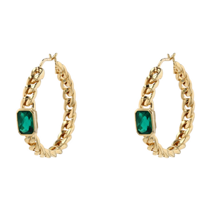 Sterling Silver Synthetic Emerald Hoop Earrings