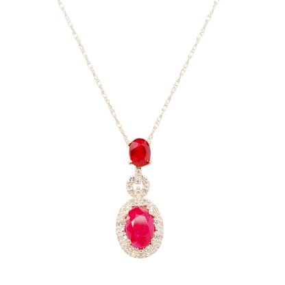 14K White Gold Oval Rubies With Diamond Halo Pendant Necklace