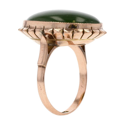 14K Gold Large Oval Green Stone Cabochon Cocktail Ring