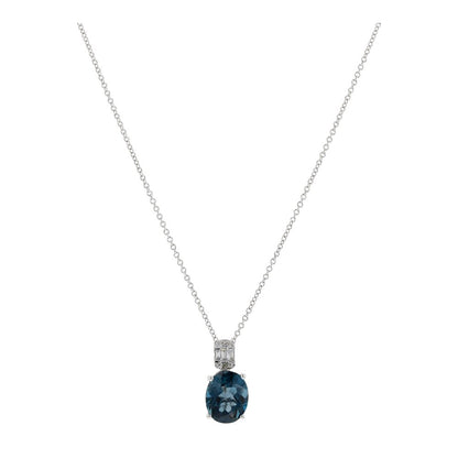 14K White Gold Oval London Blue Topaz With Diamond Bail Pendant Necklace
