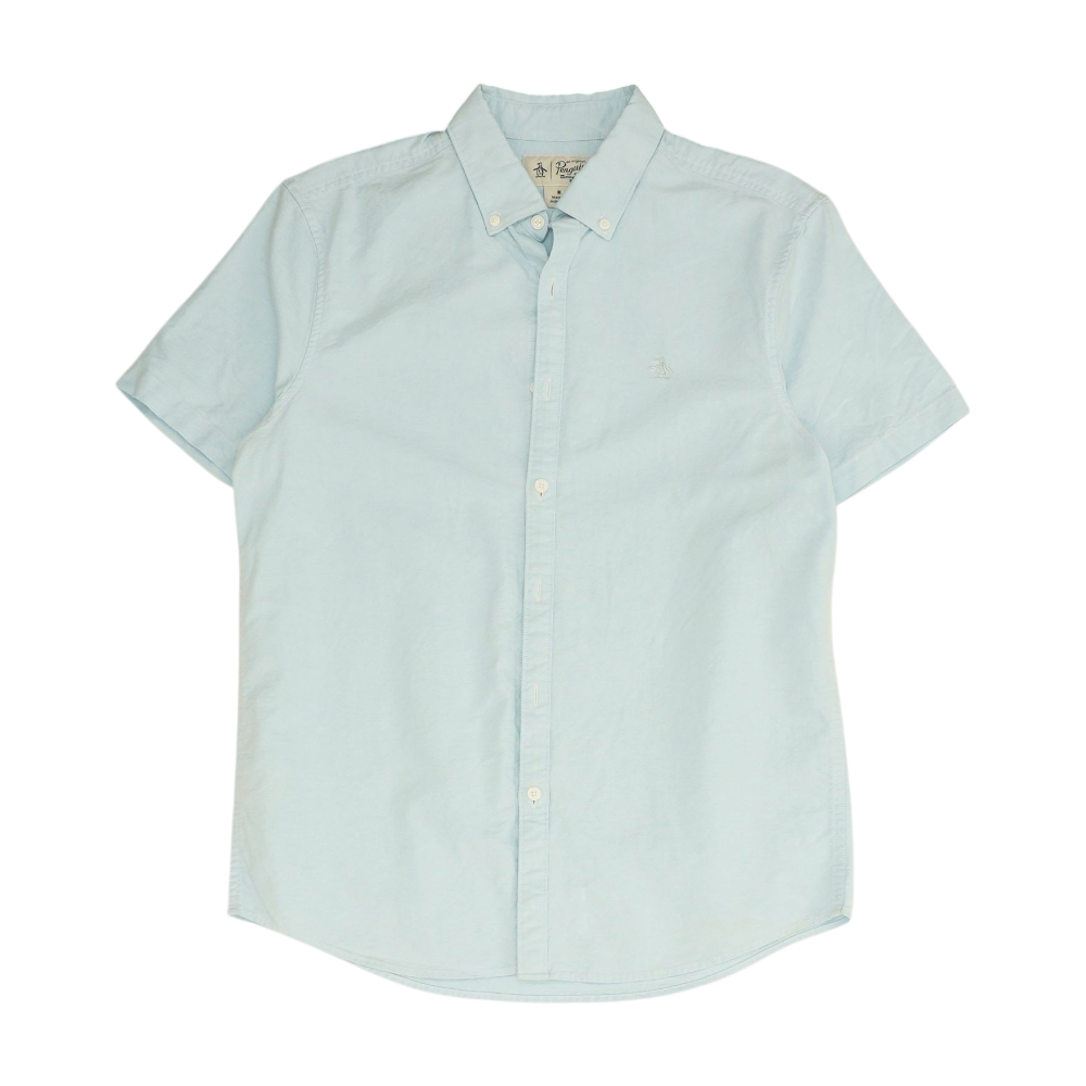Blue Solid Short Sleeve Button Down