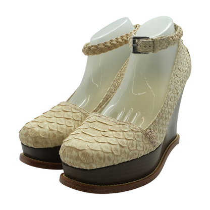 White and Brown Python Leather Platform Wedges