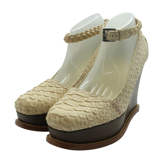 White and Brown Python Leather Platform Wedges