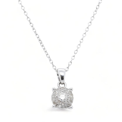 10K White Gold Round Diamond Cluster Pendant Necklace