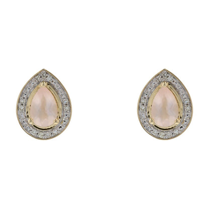 1/4 Ct 10K Gold Rose Quartz Pear Center And Diamond Halo Stud Earrings