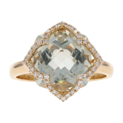 14K Gold Cushion Cut Prasiolite With Diamond Halo Cocktail Ring