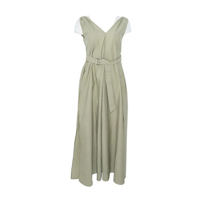 Green Cotton-Blend V-Neck Belted Maxi Dress