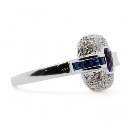 18K White Gold Amethyst Ring With Pave Diamond Halo And Blue Sapphire Accents