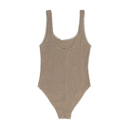 Brown Plus Size Striped Bodysuit Blouse