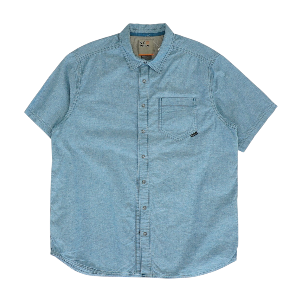 Blue Solid Short Sleeve Button Down