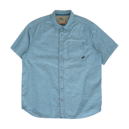 Blue Solid Short Sleeve Button Down