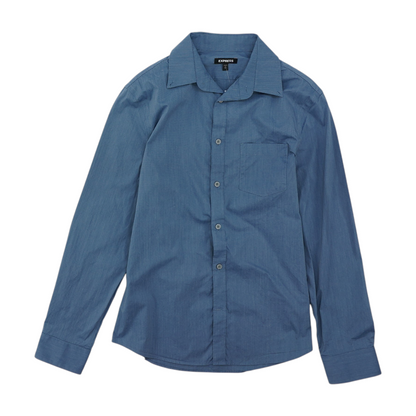 Blue Solid Long Sleeve Button Down