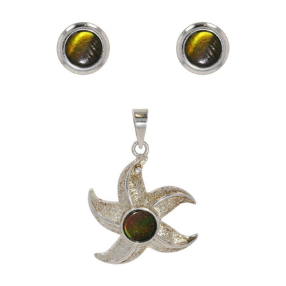 Sterling Silver Ammolite Round Stud Earrings And Ammolite Starfish Pendant