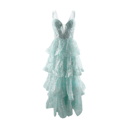 Blue Beaded Ruffled Formal Dress