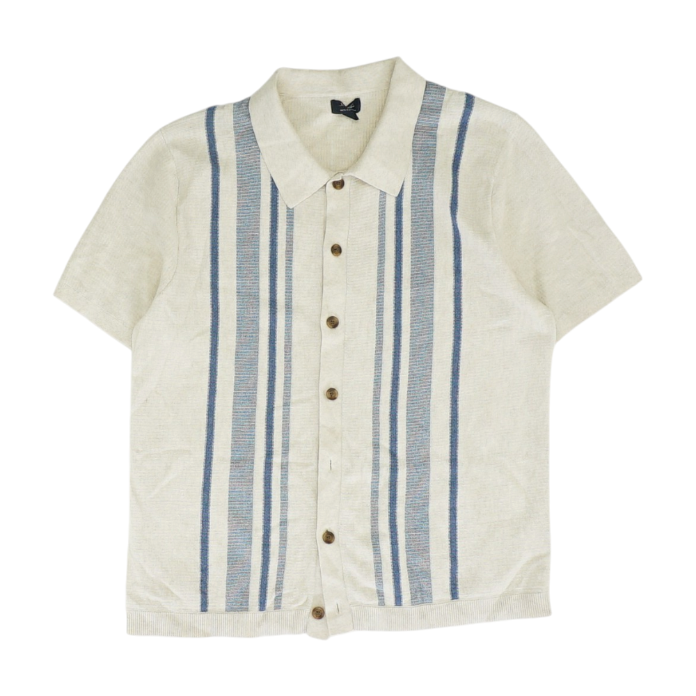 Beige Striped Short Sleeve Button Down