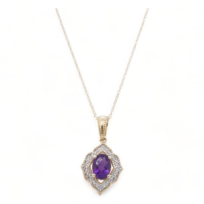 10K Gold Oval Amethyst With Diamond Halo Pendant Necklace