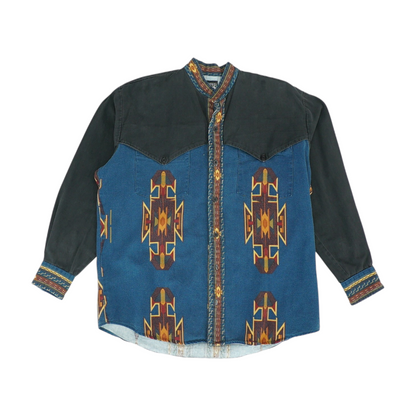 Blue Color Block Long Sleeve Button Down
