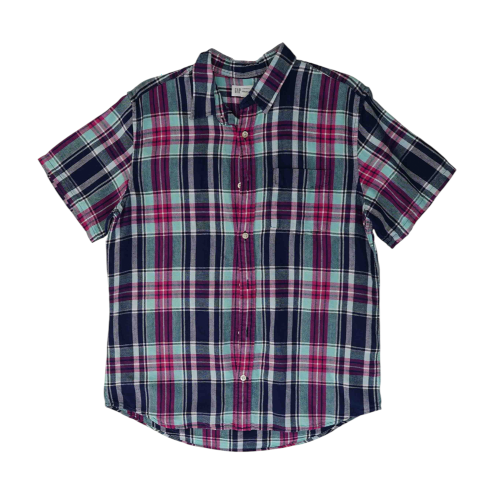 Navy Plaid Short Sleeve Button Down