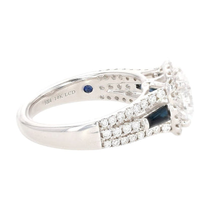 14K White Gold Cushion Cut Lab Grown Diamond With Sapphire Accents Band