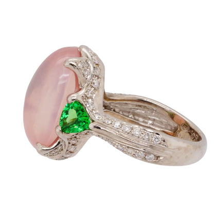 18K White Gold Rose Quartz Cocktail Wth Diamond And Trevorite Ring