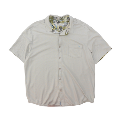 Beige Solid Short Sleeve Button Down