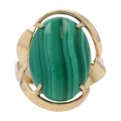 14K Gold Malachite Vintage Style Setting With Oval Cab Cocktail Ring