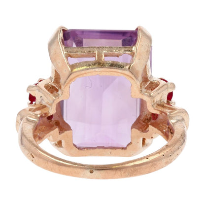 14K Rose Gold Emerald Cut Purple Stone With Red Stone Accents Cocktail Ring
