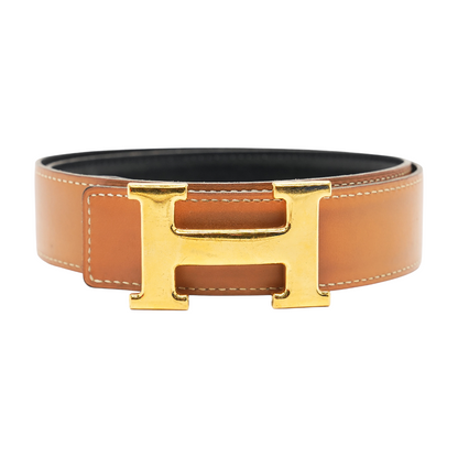 Black & Gold H Belt Buckle & Reversible Leather Strap 32 mm