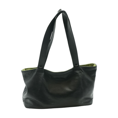 Black Leather Bag with Green Fabric Interior