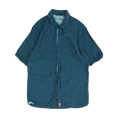 Blue Solid Short Sleeve Button Down