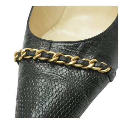 Lizard Embossed Gold Chain Accent Pointed Toe Pumps