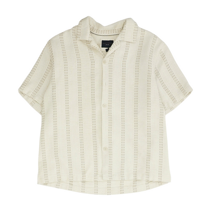Beige Striped Short Sleeve Button Down